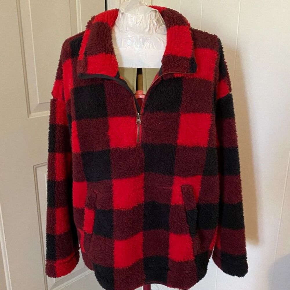 Old Navy Buffalo Plaid Sherpa Quarter Zip Pullover Size XL